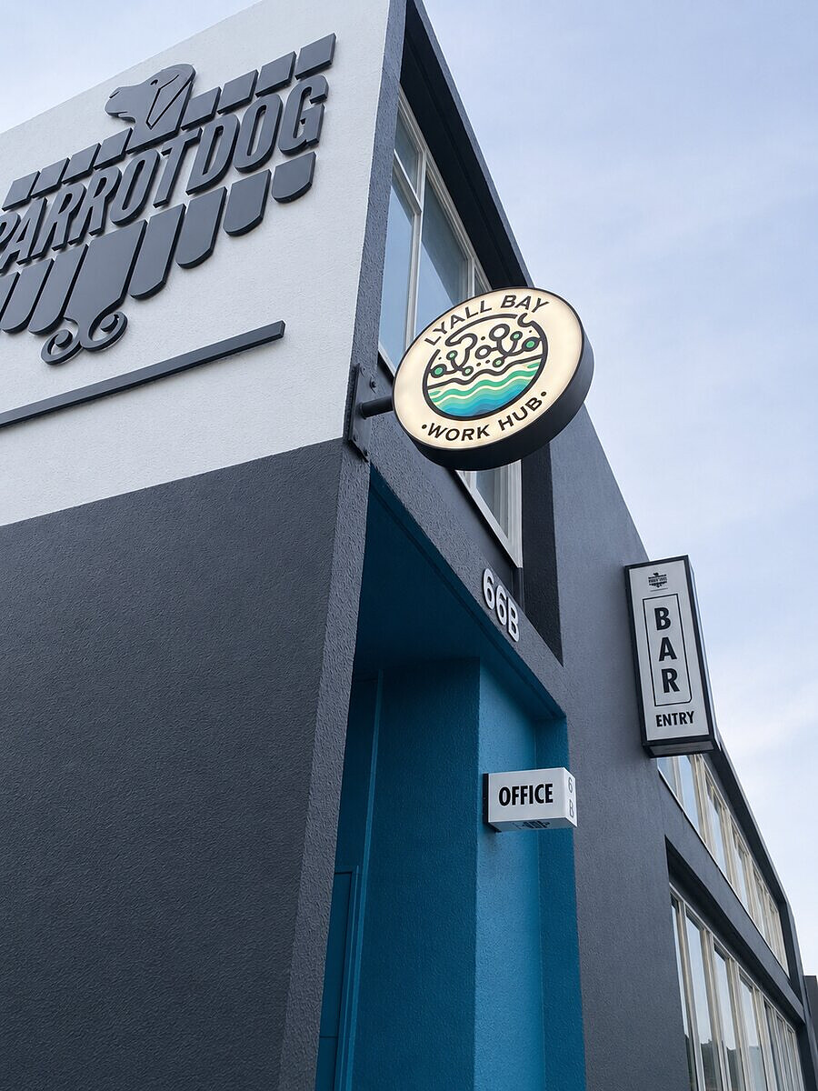 Lyall Bay WorkHub building exterior — above Parrotdog at 66B Kingsford Smith Street