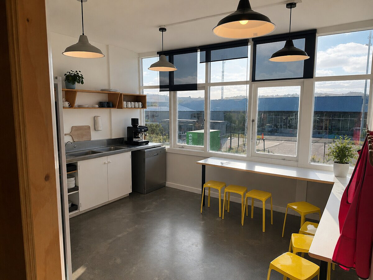 Large kitchen with mountain views at Lyall Bay WorkHub Wellington